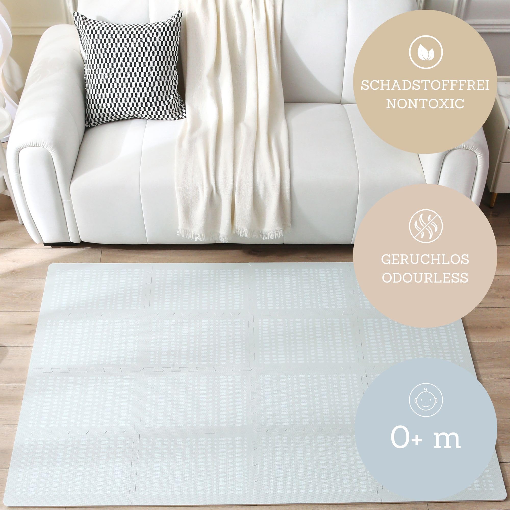 Stijlvolle hygge-grijs puzzelmat voor baby's, 16 XL-platen, randen, dik en zacht, vrij van schadelijke stoffen, geurloos, onderhoudsvriendelijk