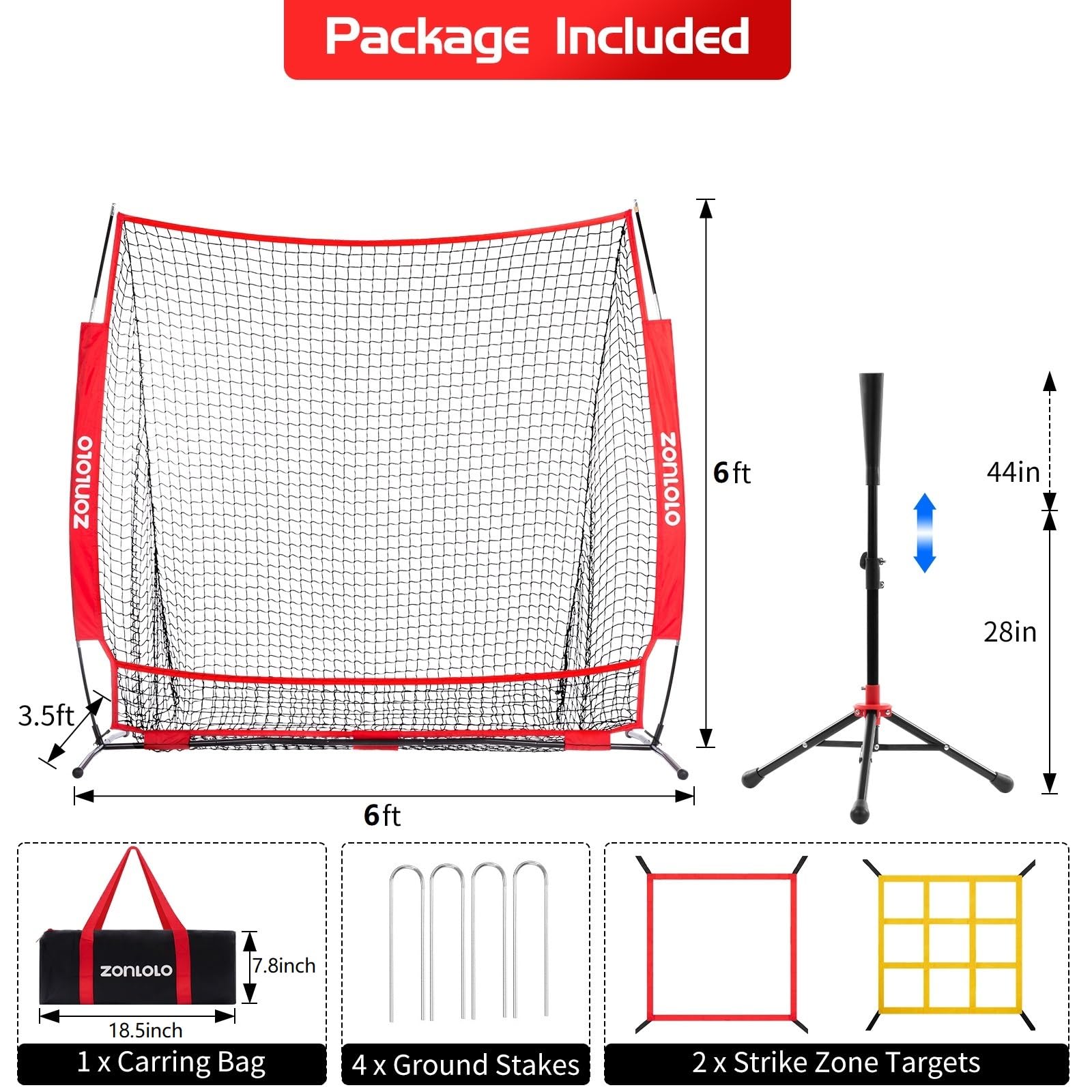 Rete da baseball e softball per pratica domestica 1,8 x 1,8 m con tee e supporto regolabile