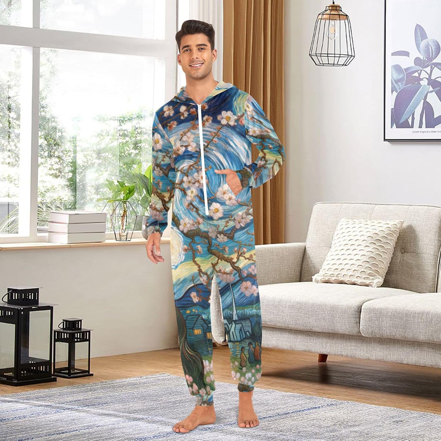 GAIREG Almond Blossom Starry Night Adult Zipper Onesie Pjs, Adult Christmas Onesie