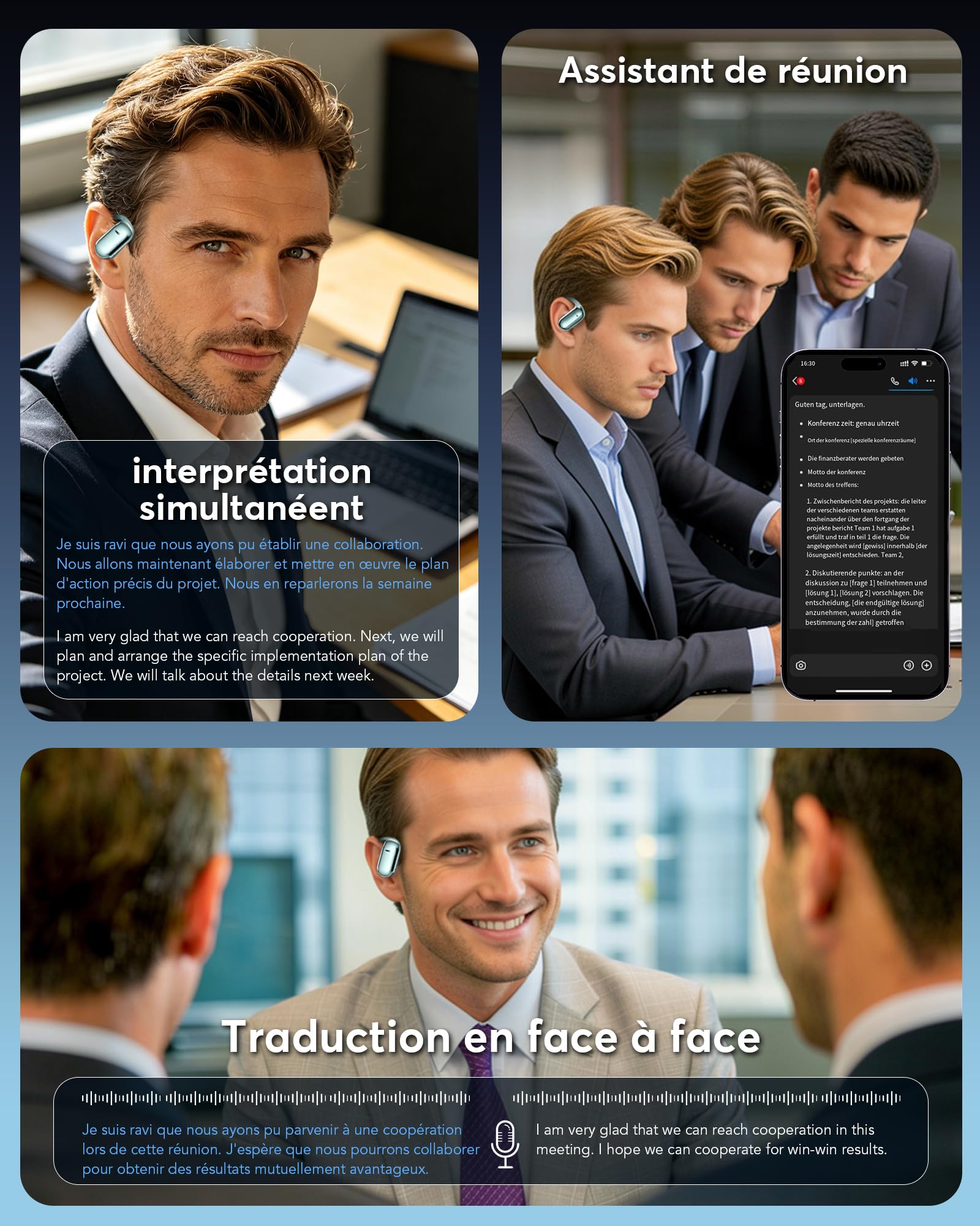Écouteurs Traducteur Vocal AI Instantané Bluetooth 6.1, 198 Langues Fonction 3 en 1 Autonomie 80 Heures Affaires et Études