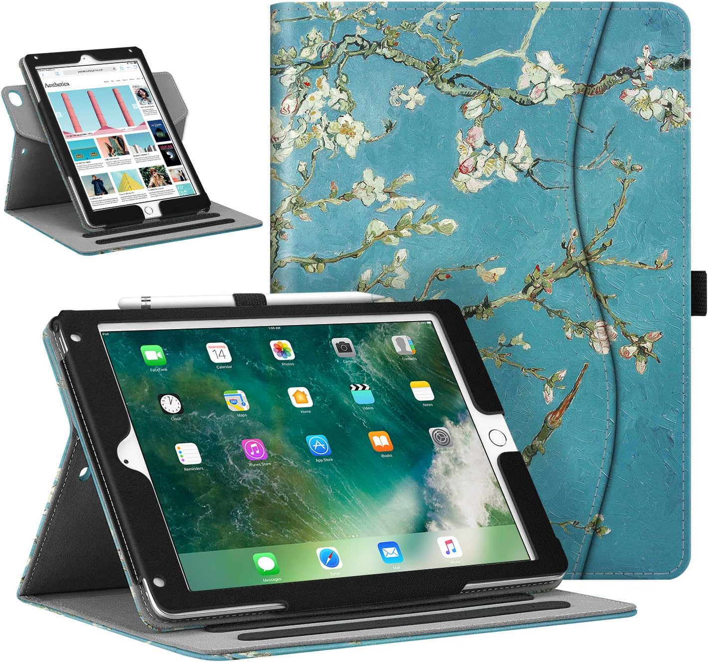Fintie Case for iPad 9.7" 2018/2017, iPad Air 2 / iPad Air - [Corner Protection] 360 Degree Rotating Smart Stand Cover with Pocket, Pencil Holder, Auto Sleep/Wake for iPad 6th / 5th Gen, Blossom