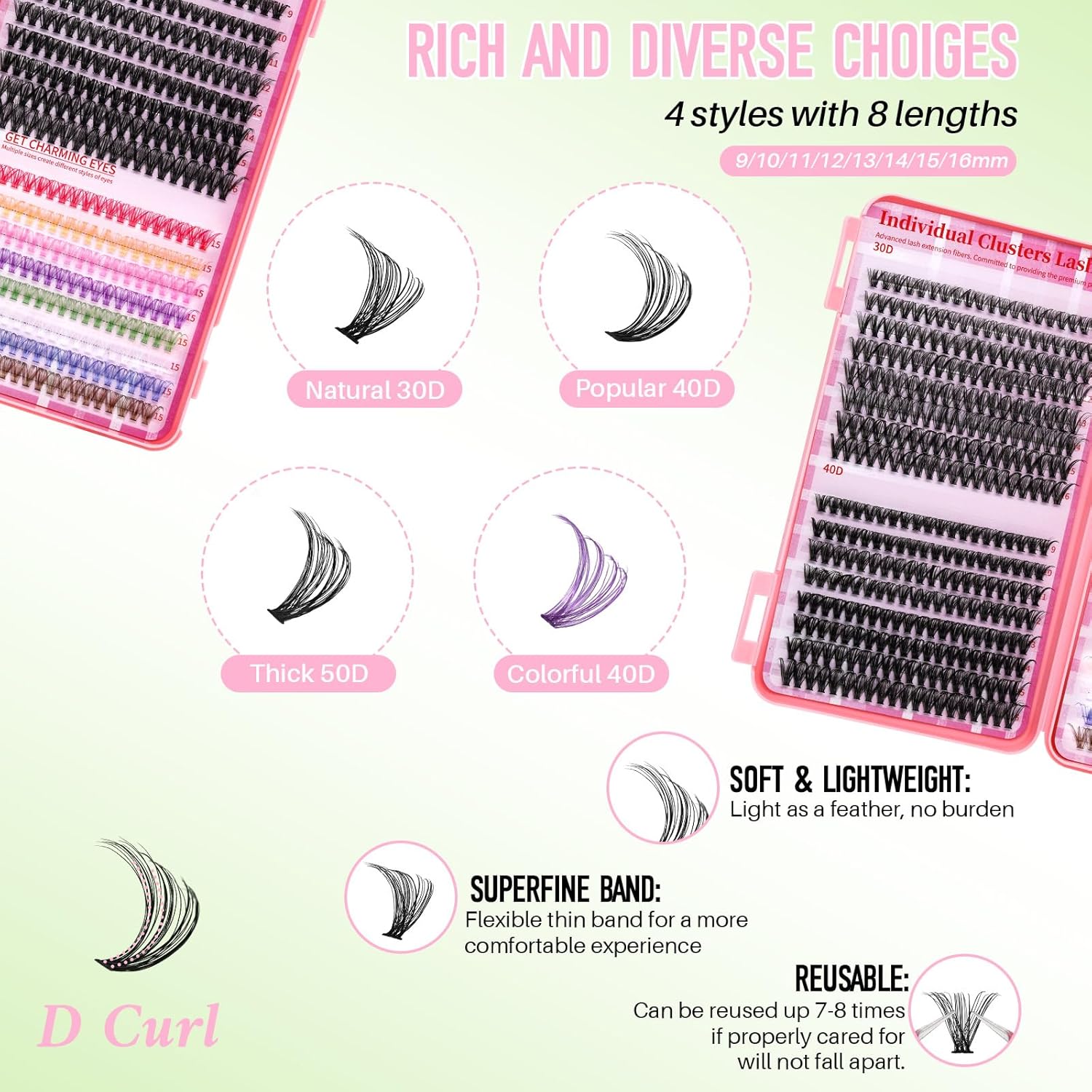 Lash Clusters Kit DIY Lash Extension Kit Colored Cluster Lashes Eyelash Extension Kit Individual Lashes with Lash Bond and Seal,Lash Tweezers Natural Look RITALASH(30D+40D+50D+40D Colored Kit,9-16mm) image 3