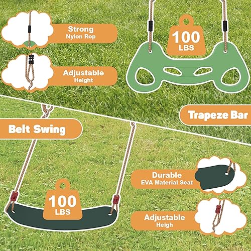 Miniatura 5 de Juegos de columpios de madera para patio trasero para niños de 3 a 8 años, con barra de columpio, 2 columpios de cinturón y 4 soportes de esquina de