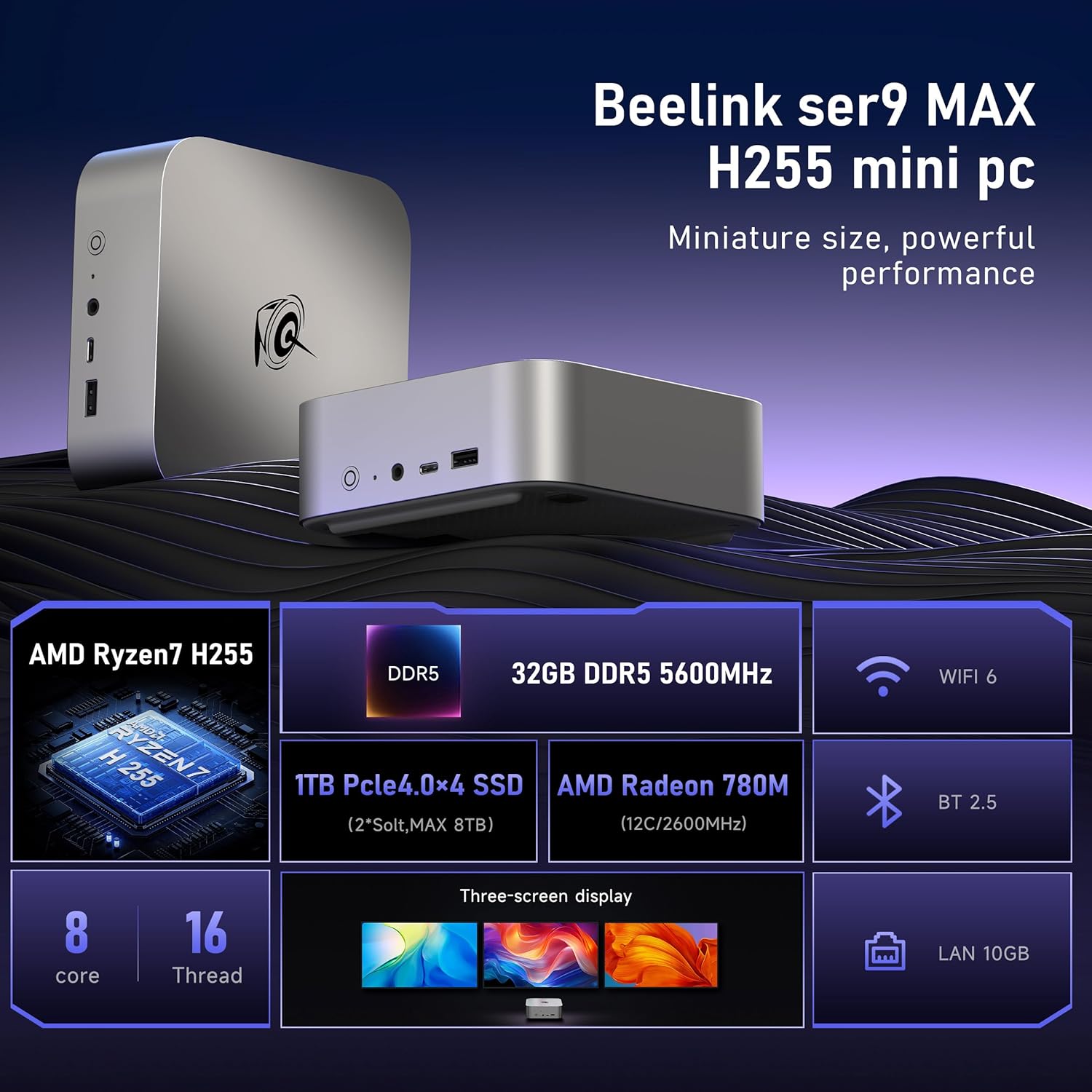 Beelink SER9 MAX Mini PC, AMD Ryzen 7 H255(Up to 4.9GHz), 32GB DDR5 1TB PCle4.0 SSD, AMD Radeon 780M Graphics/4k 240Hz Triple Display/10Gbps LAN/USB4.0, Home/Office Mini Computer