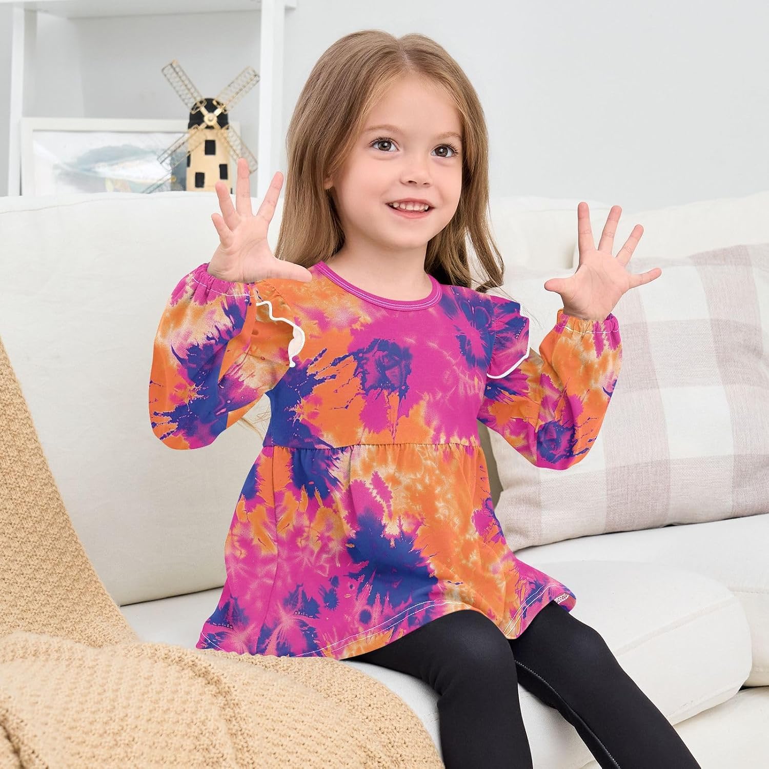 visesunny Toddler Clothes for Girls Neon Orange Red Tie-dye Long Sleeve Fall Shirts Cotton Top with Ruffle Collar