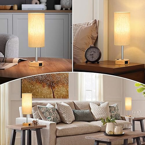 Miniatura 4 de Touch Bedside Table Lamps Set - 3 Way Dimmable Bedroom Lamps Set of 2 with USB C and A Ports, Small Lamps for Nightstand with AC Outlet, Wood Base