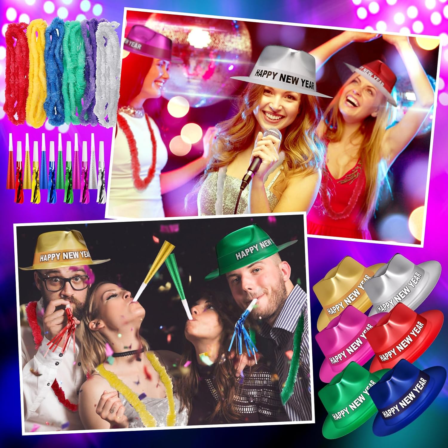 Hanaive 144 Pcs Neon Party Supplies Multicolored 2026 New Year's Eve Kit Gangster Hats Midnight Decorations Party Supplies for 48, Includes Hats/Noise Makers/Garland/Horn