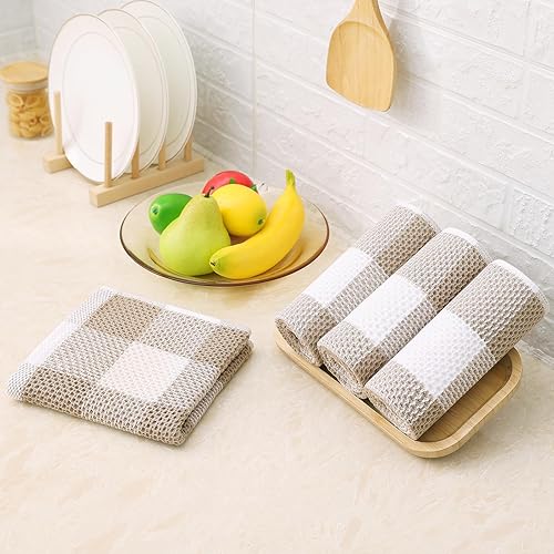 Miniatura 5 de Homaxy Toallas de cocina a cuadros de 100 % algodón, 13 x 28 pulgadas, súper suaves y absorbentes, para secar platos, paquete de 8, blanco y caqui