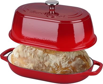 Enameled Cast Iron Dutch Oven Pot with Dome Lid, Oval Bread Oven for Homemade Sourdough Bread Baking, Oven Safe up to 500F, 6 Quart, Red