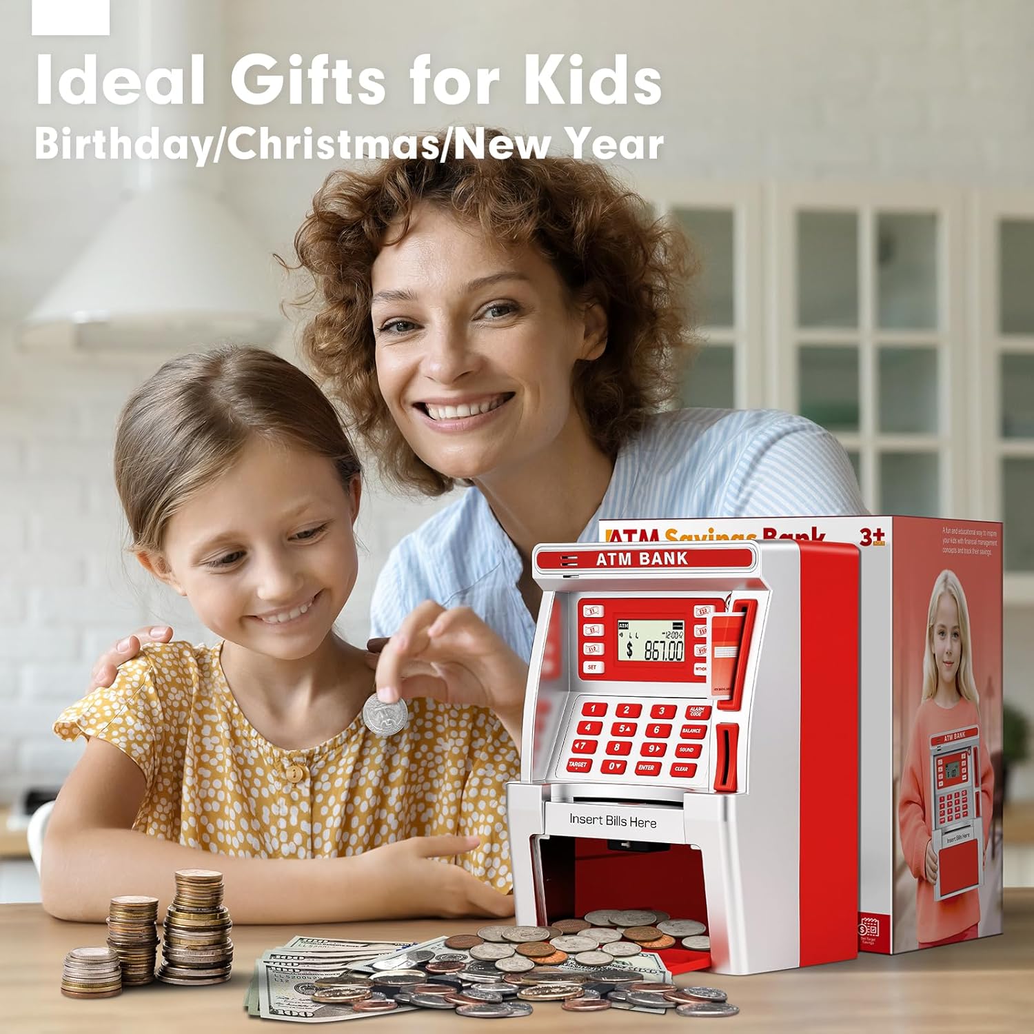 baodlon red piggy bank for kids, atm machine bank for real money with debit card, bill feeder, coin recognition, balance calculator, electronic savings safe box, cool stuff toys gifts for teen girl