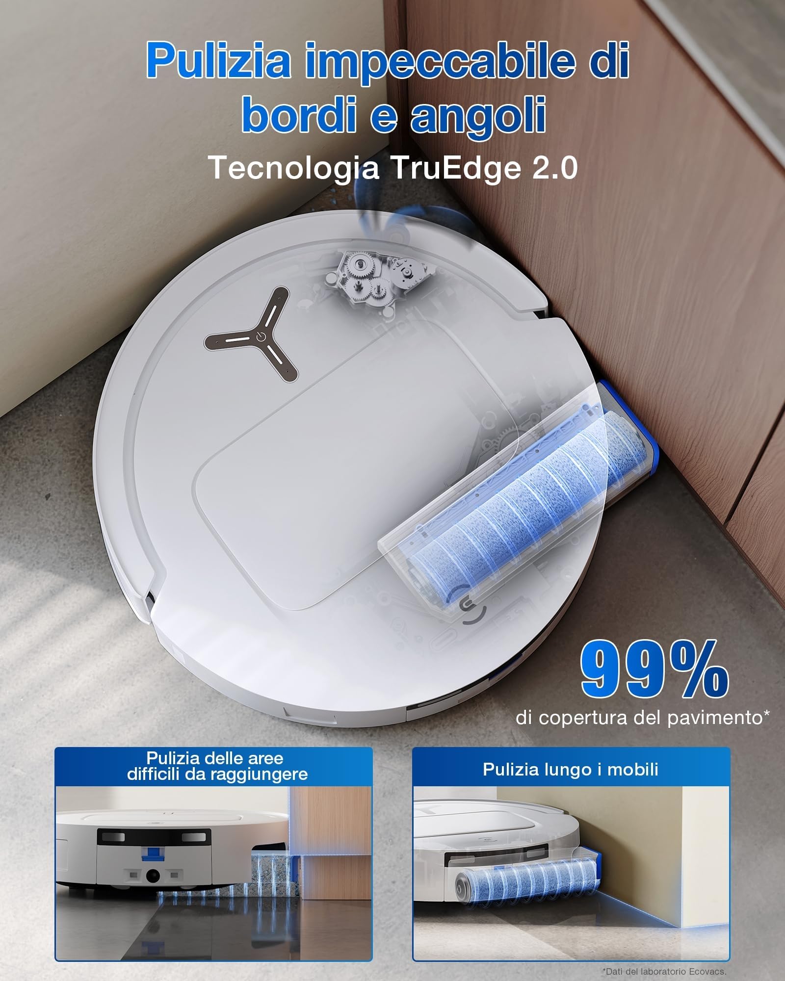 ECOVACS DEEBOT T80 OMNI Robot Aspirapolvere Lavapavimenti, 18.000 Pa, Spazzola OZMO ROLLER, ZeroTangle 3.0, Lavaggio Mocio con Acqua Calda a 40-75 °C, Asciugatura ad Aria Calda, Bianco