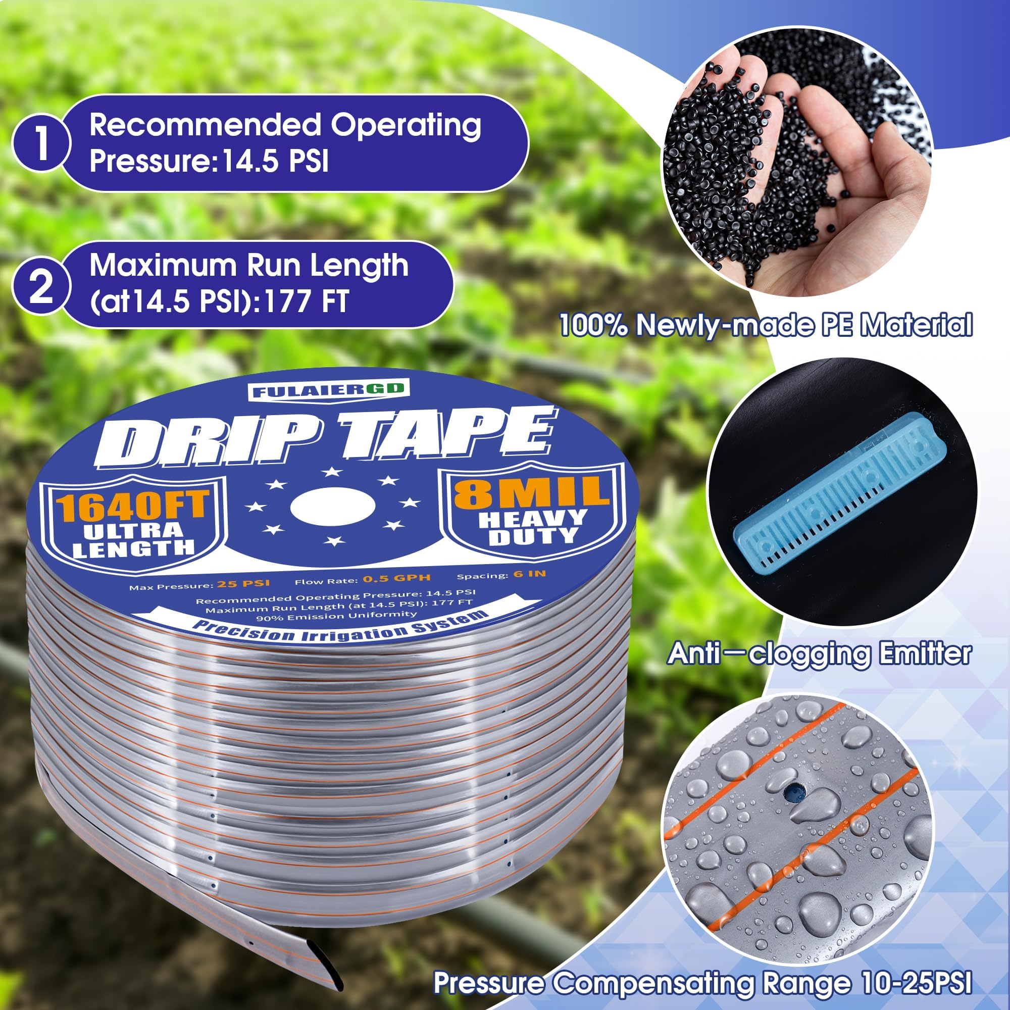 Nastro antigoccia da 1640 m, rotolo di spaziatura da 15,2 cm, nastro per irrigazione a goccia da 8 mil, tubo per irrigazione a foro 0,5 GPH/foro tubo per irrigazione argento anti-uccelli design