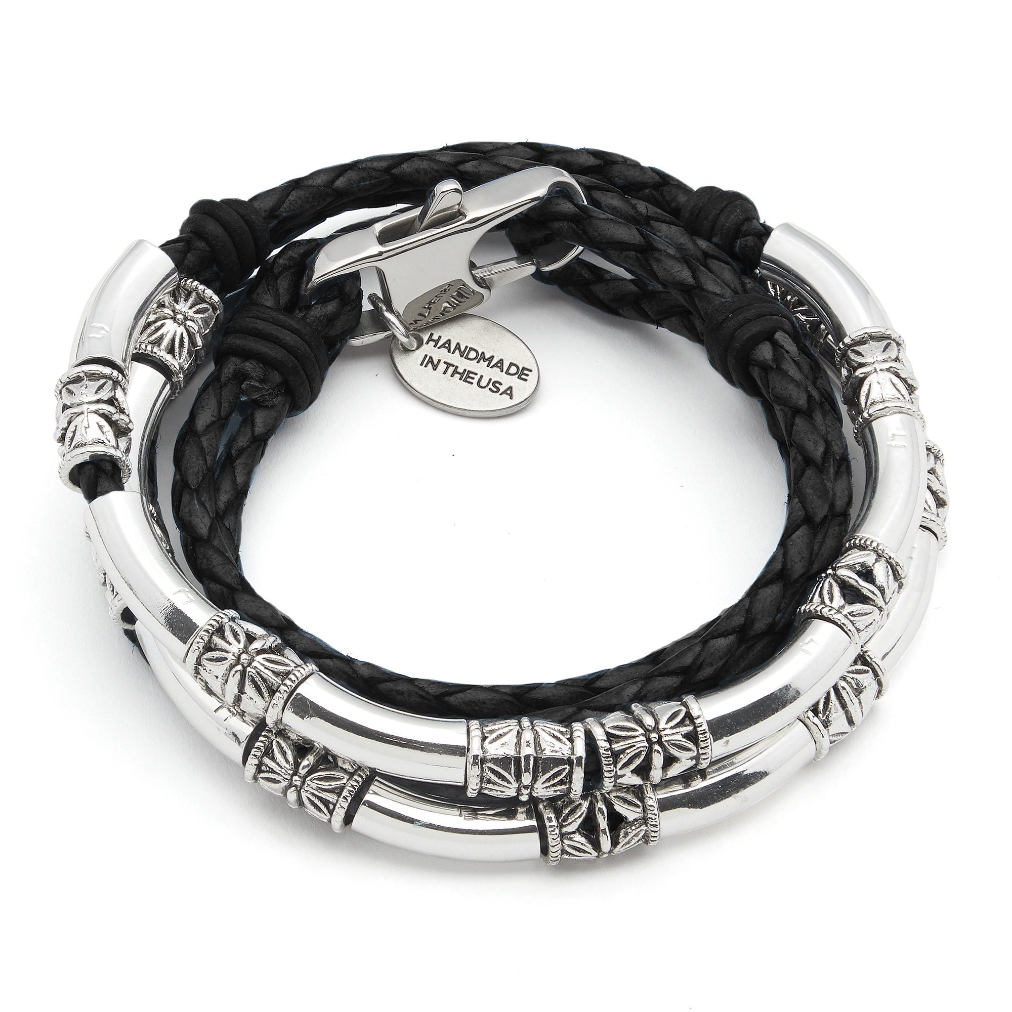 Lizzy James Mini Maxi Silver Plated Braided Leather Women's Wrap Bracelet