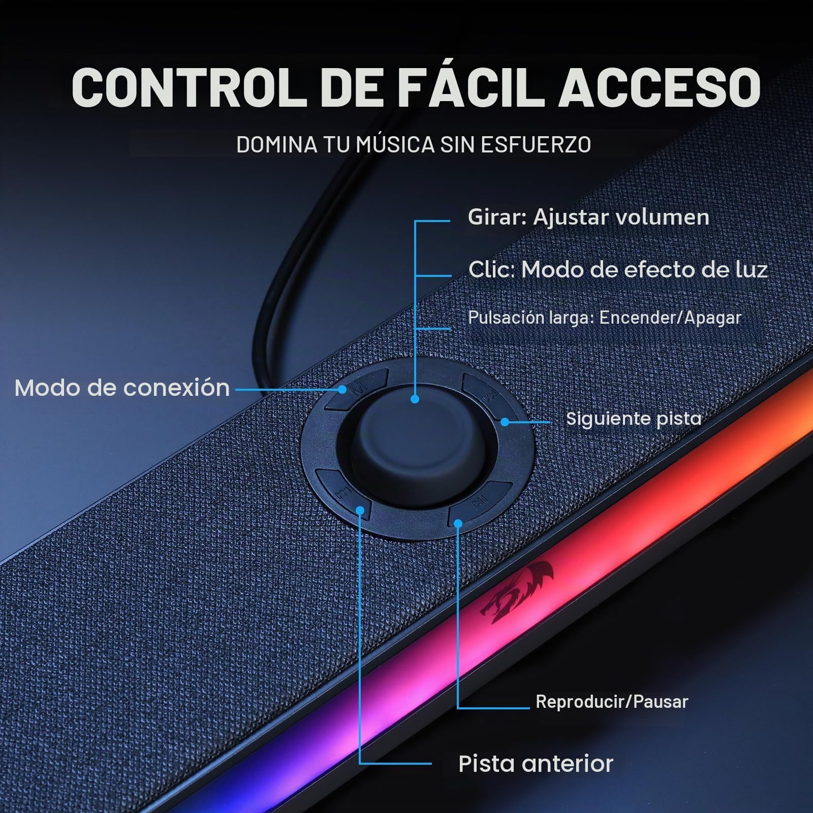 Barra de sonido de escritorio Redragon GS515 RGB, altavoces de computadora estéreo de 2.0 canales para escritorio con Bluetooth 5.3, alimentación USB-C/USB, negro
