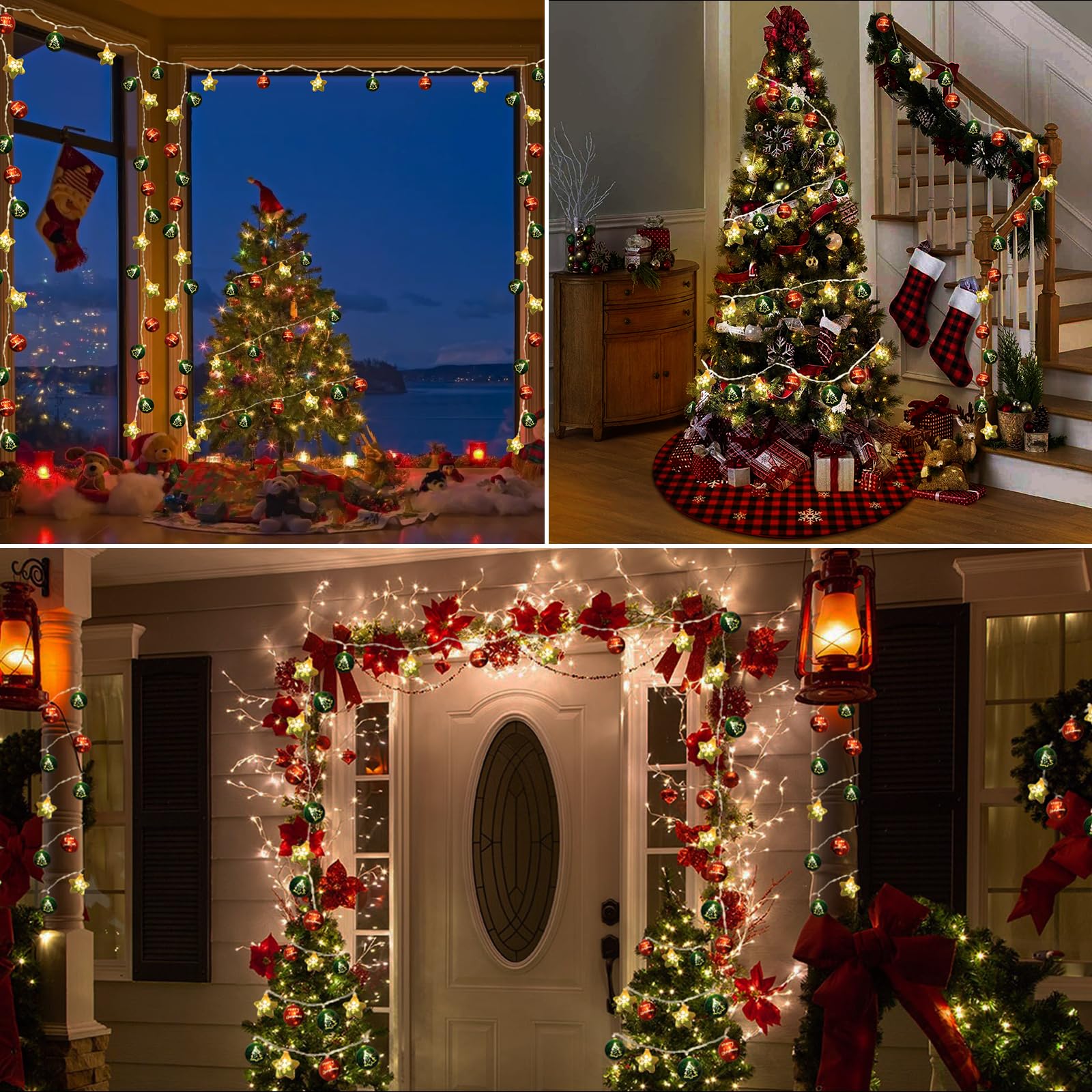 Lumières décoratives de Noël de 4,1 m, 20 DEL à piles avec minuterie et 8 modes, boules de Noël et étoiles décoratives pour sapin de Noël, couronne, fenêtre, mur, maison, jardin, extérieur et