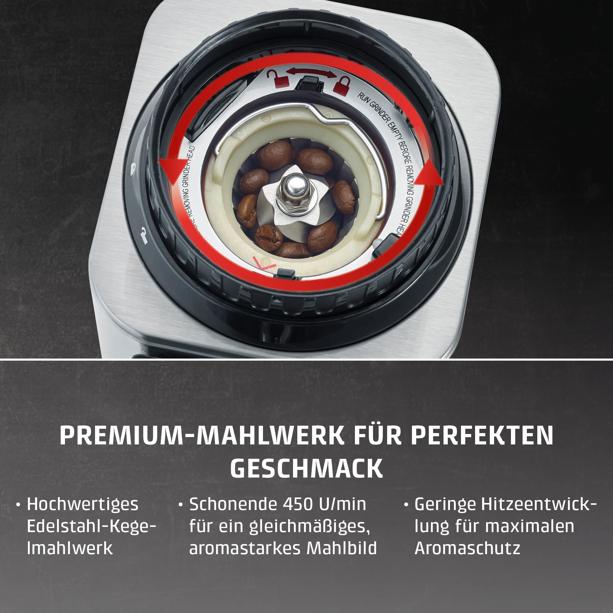 CASO BaristaChef Inox - elektrische Kaffeemühle, Testurteil: Sehr Gut, Edelstahl-Kegelmahlwerk, mit Siebträgerhalterung, 48 präzise Mahlgradstufen