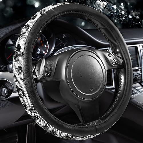 Miniatura 23 de CAR PASS - Funda de volante para mujer, de cuero, con diamantes brillantes de imitación, ajuste universal 14.5-15”, para automóvil, sedán, Diamante