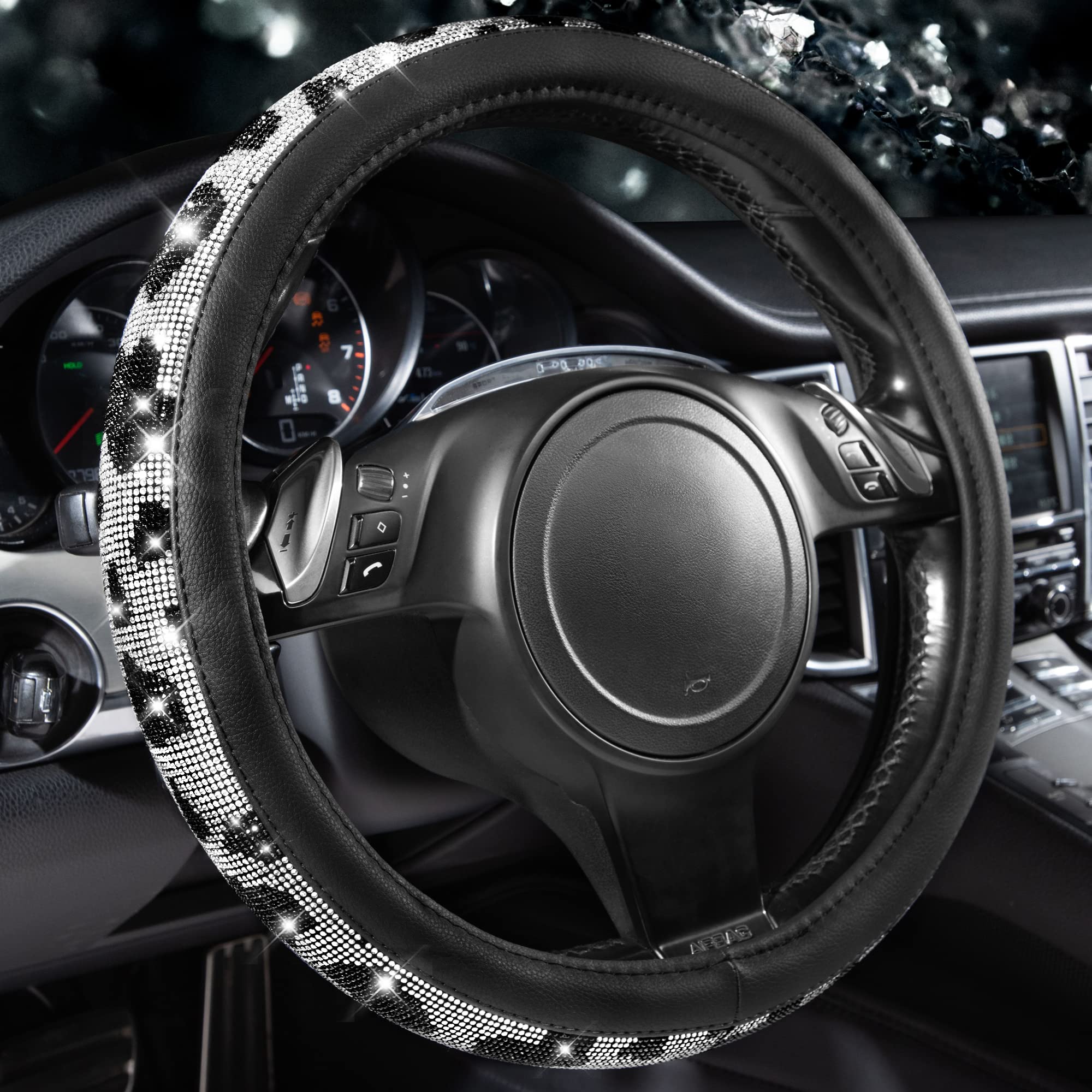 CAR PASS Bling Cow Print Diamond Steering Wheel Cover, with Sparkly Crystal Glitter Rhinestones Black Leather Car Wheel Protect for Women Girl Fit Suvs,Vans,Sedans,Cars,Trucks, 14" 1/2-15" Cow Design