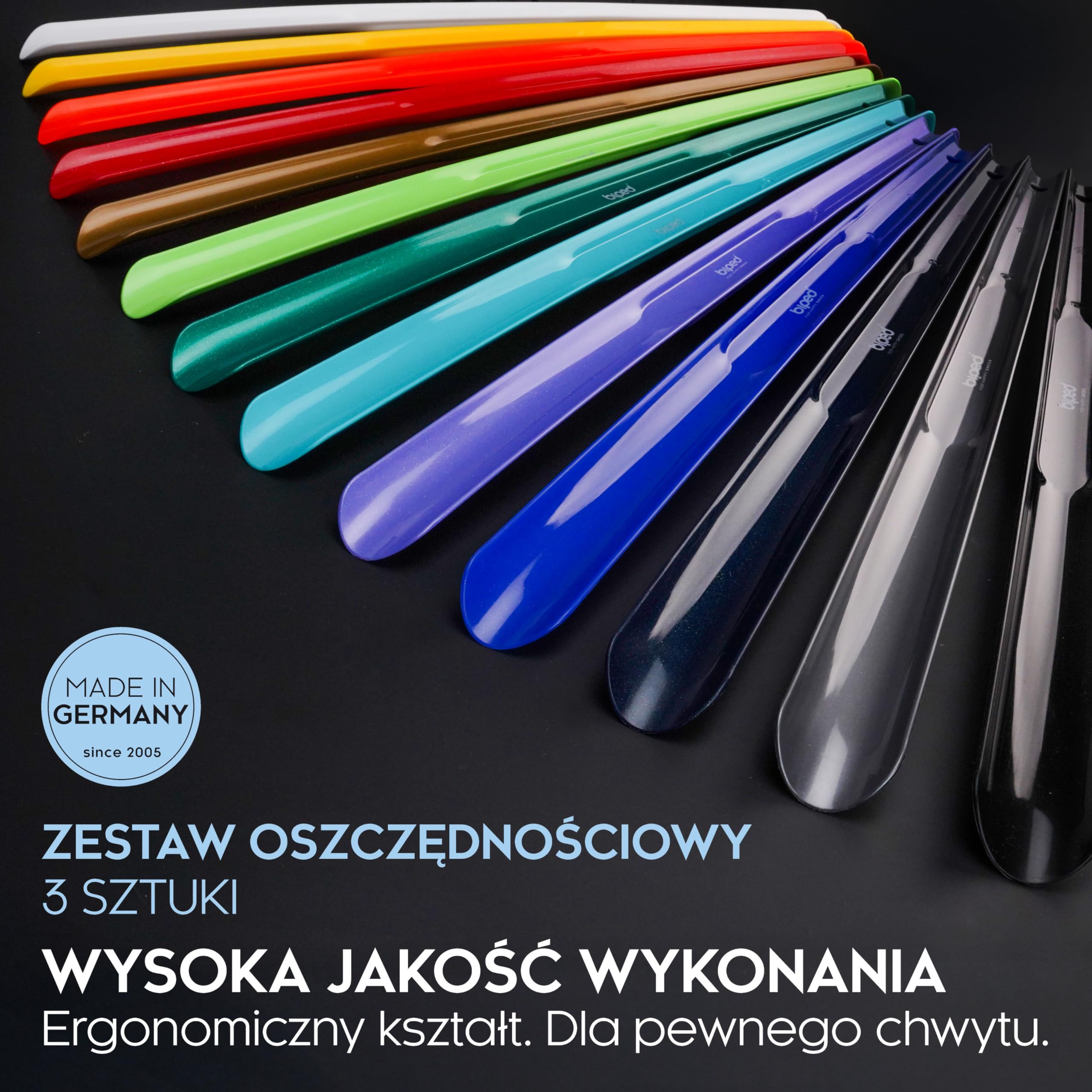 biped zestaw 3 długich łyżek do butów 65 cm plastik – bardzo długa łyżka z haczykiem – solidna i wytrzymała – produkcja niemiecka z1557