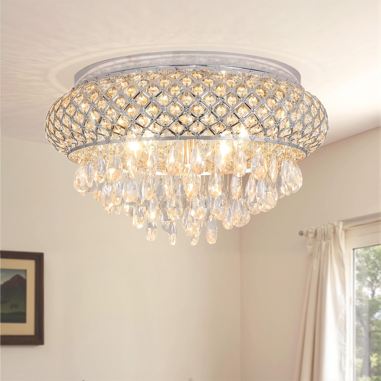 Maxax 19.5'' Crystal Chandelier, 5-Light Large Vintage Ceiling Light Fixture with Drum Raindrop Metal Shade, French Flush Mount Lamp for Living Room Bedroom Dining Room Kitchen Entryway, Chrome