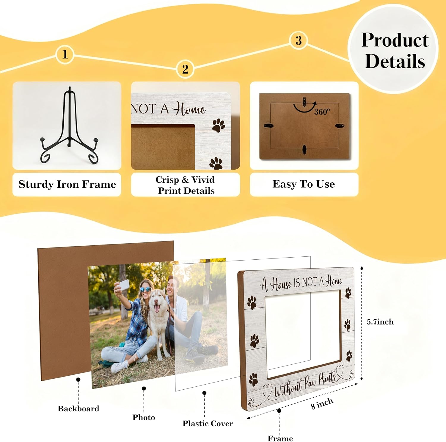 Dog Gifts Picture Frame with Iron Stand, Dogs Lovers Gift for Women or Men, Puppy Themed Gift for New Owners Photo Frame Horizontal Photo for Tabletop Display A-01 - Image 2