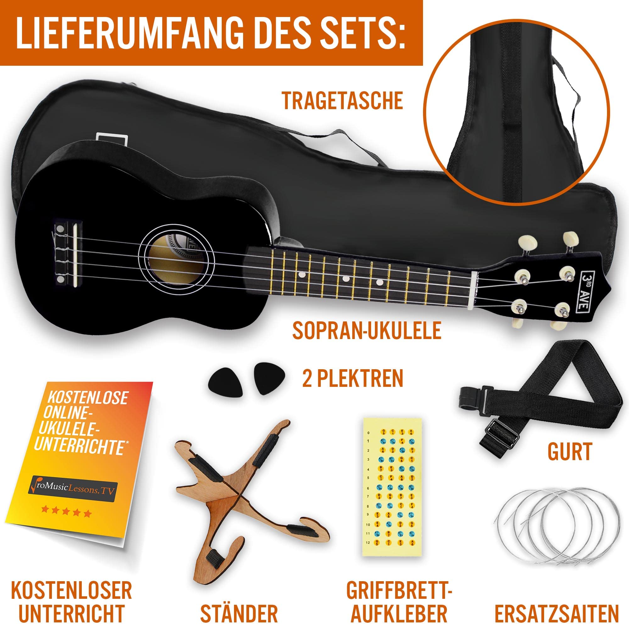 3rd Avenue Sopran-Ukulele mit 54 cm/21“, Anfängerset – Tasche, Ständer, Gurt, Saiten, Plektren und Griffbrett-Aufkleber – in Schwarz – KOSTENLOSE 1-monatige Online-Lektionen