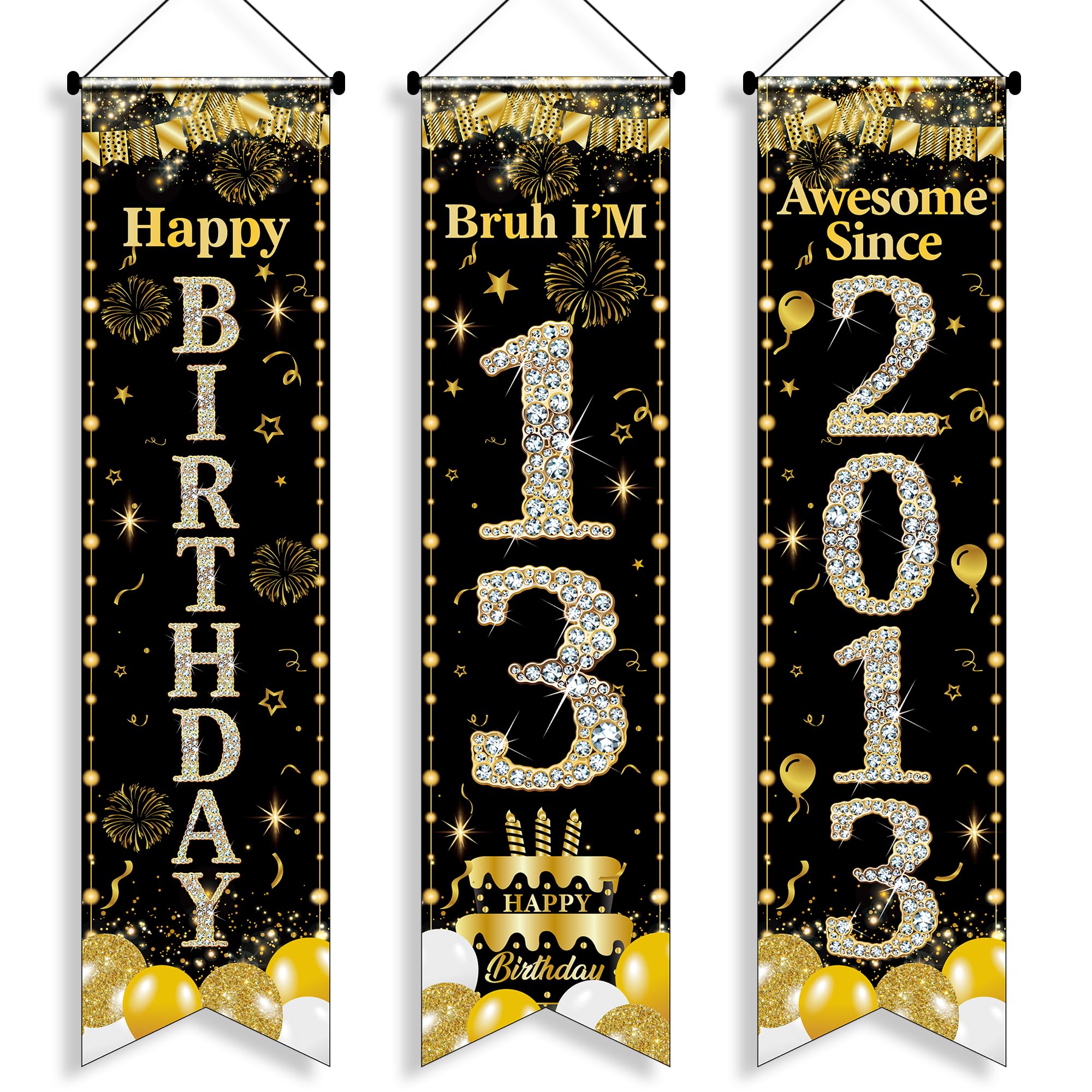 13th Birthday Decorations Door Banners - 3 Pcs Black and Gold Boy Awesome Since 2013 Happy Birthday Bruh I'M 13 3.9x0.9ft Door Porch Sign for 13 Years Old Boys Party Backdrop Decor Supplies