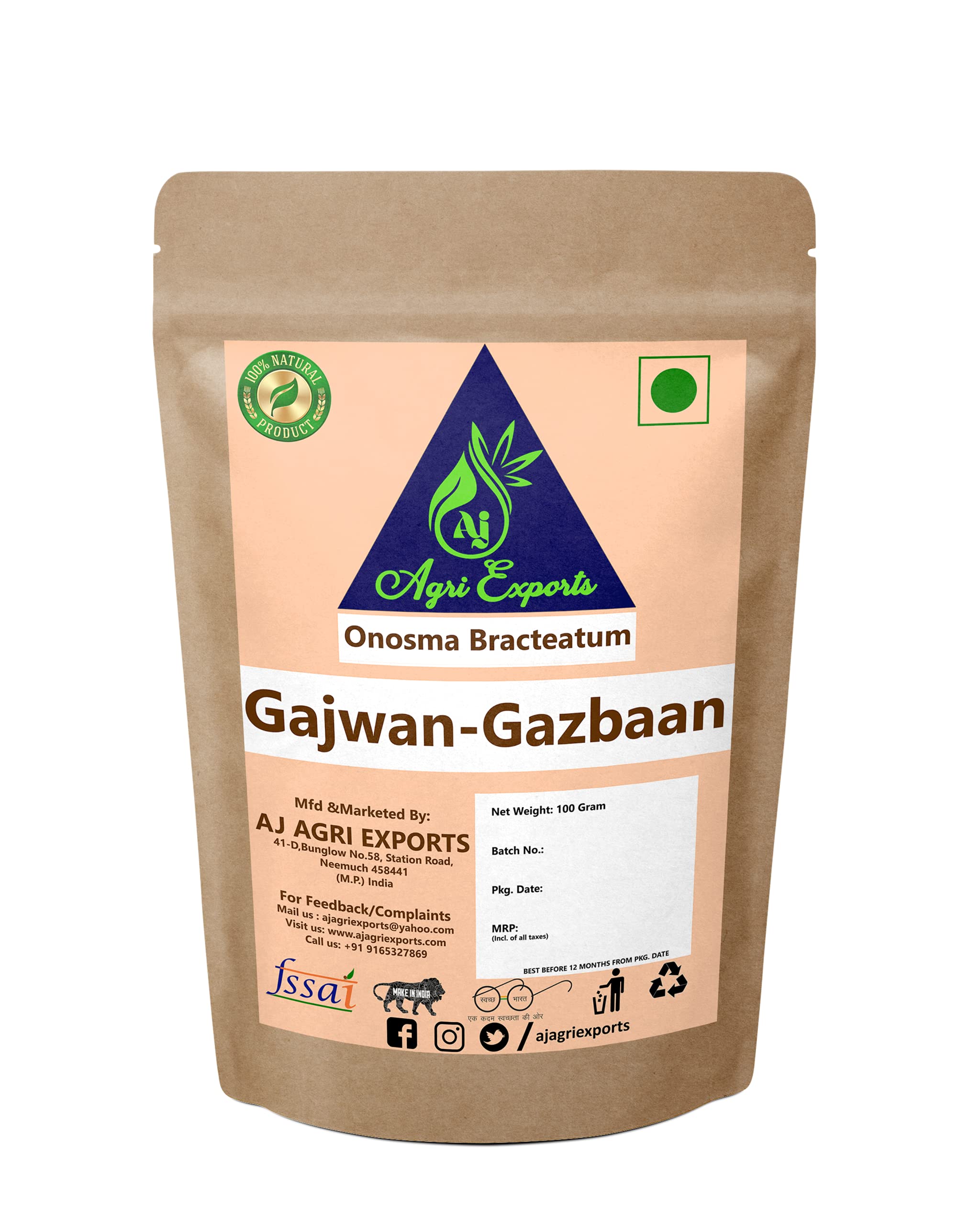 AJ AGRI EXPORTS Gajwan - Gazbaan - Gazwan - Onosma Bracteatum - Gao Zaban - Gaozaban - Gazwaan - गजवान (100 Grams)