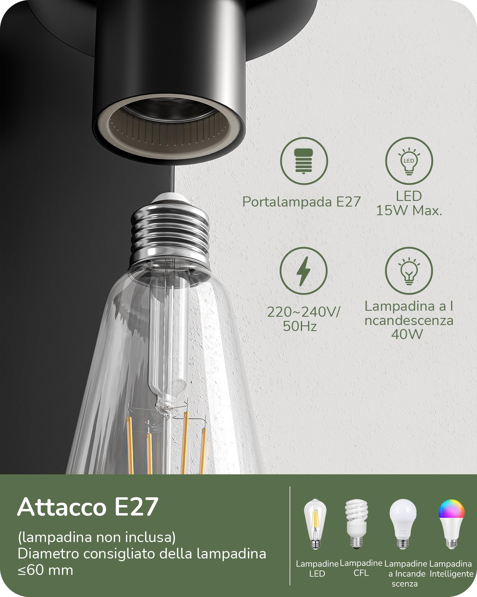 EDISHINE Lampada da Parete Esterna, Sensore di Movimento, E27, IP44, Nero