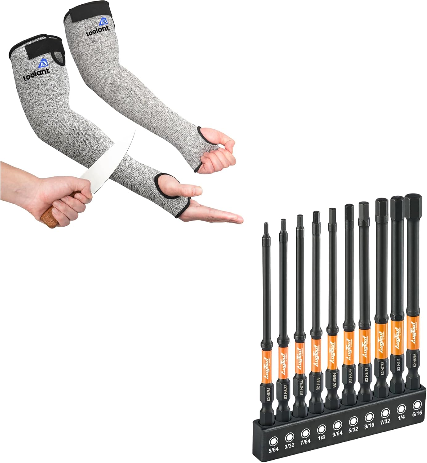 OriStout Cut Resistant Farmers Sleeves, Arm Protectors,Grey & 4" Long Hex Bit Set 10pcs(SAE), 1/4" Hex-Shank S2 Steel