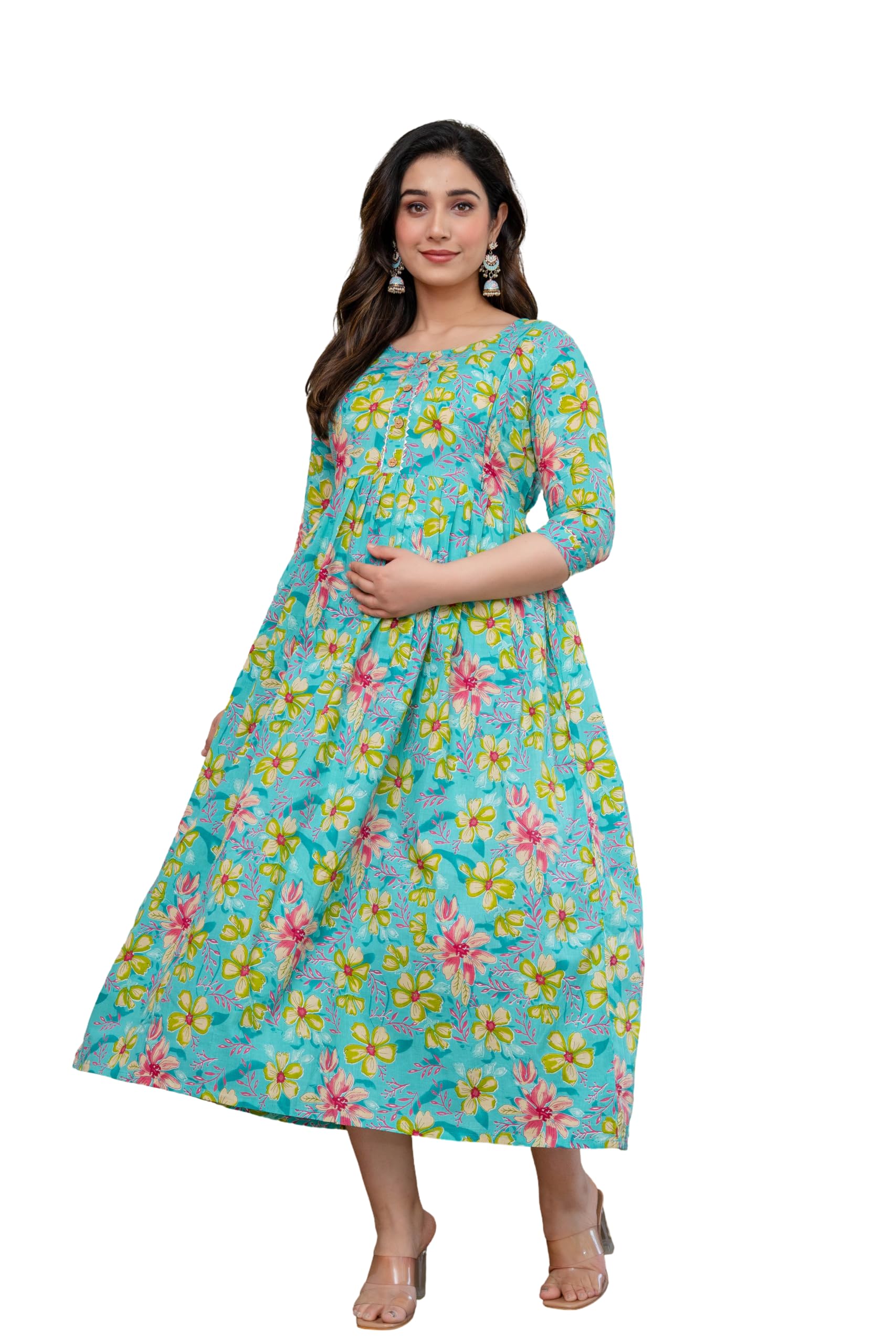 Maternity Dresses for Women Cotton Feeding Kurtis for Women Cotton Floral Printed Nursing Dress with Both Side Concealed Zip, Pregnancy Wear, Aqua Blue-picture-36