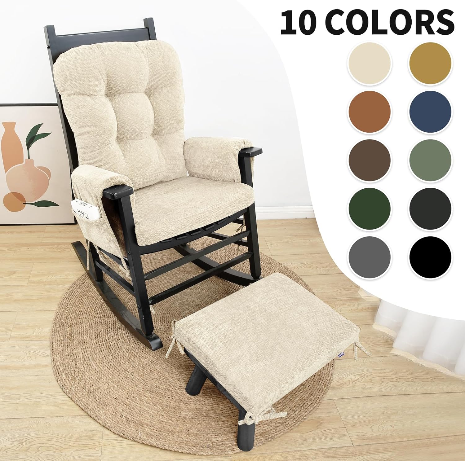 5 PCS Glider Rocker Replacement Cushions with Storage Side Pocket, Luxuriy Chenille Fabric Foam & Microfiber Filling, Thickened & Supportive Rocking Chair Cushion Set, Beige