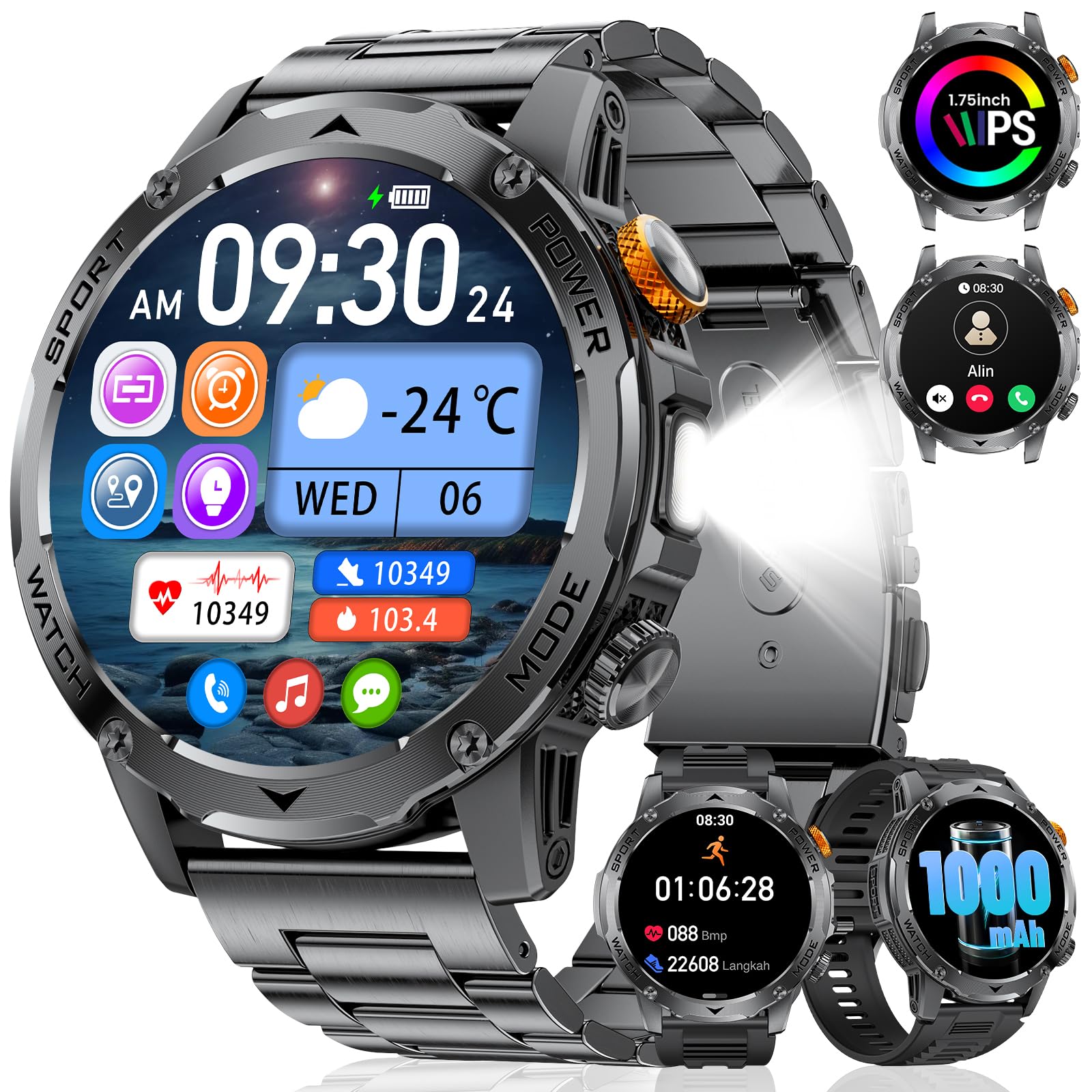 LIGE Smartwatch Herren Militär - 1000 mAh/1.75" HD Große Display,Smartwatch mit Bluetooth Anrufe/Taschenlampe,120+ Sportmodi,Herzfrequenz/Schlafmonitor,Fitnessuhr für iOS/Android,T
