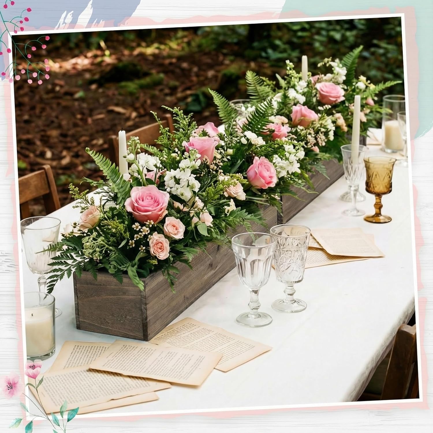 Dandat 1 Set Wood Boxes for Centerpieces 28x5 Inch Rectangle Wooden Planter Box Rustic Wooden Planters with Removable Plastic Liner Floral Foam Blocks for Christmas Wedding Home Garden Decor(Brown)