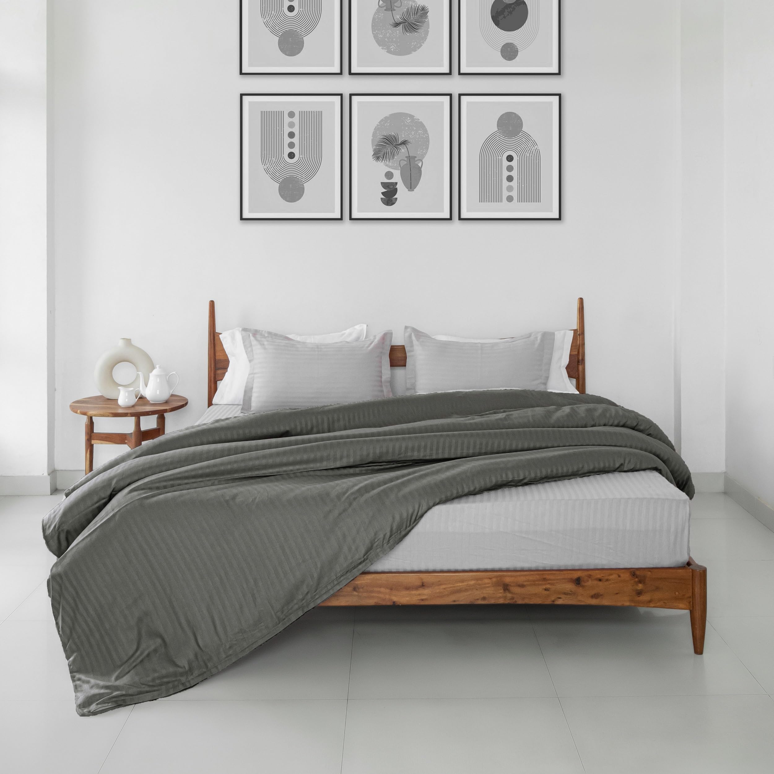 HOMEMONDE Satin Stripes Double Duvet Cover 86 x 96 Inch - Soft Cotton Comforter and Quilt Cover, Grey - (Closure - Tie)-image-4