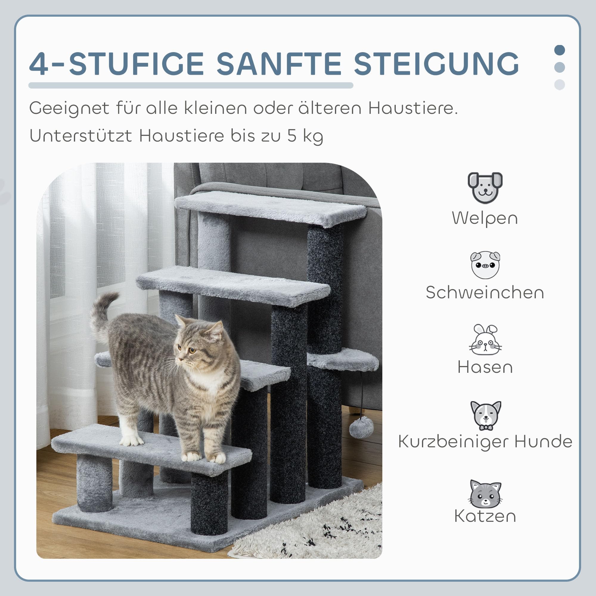 PawHut Katzentreppe 4-stufige Haustiertreppe mit Kratzsäulen Ball Hundetreppe Tiertreppe für Katzen Plüsch Jute Grau 60 x 40 x 64 cm