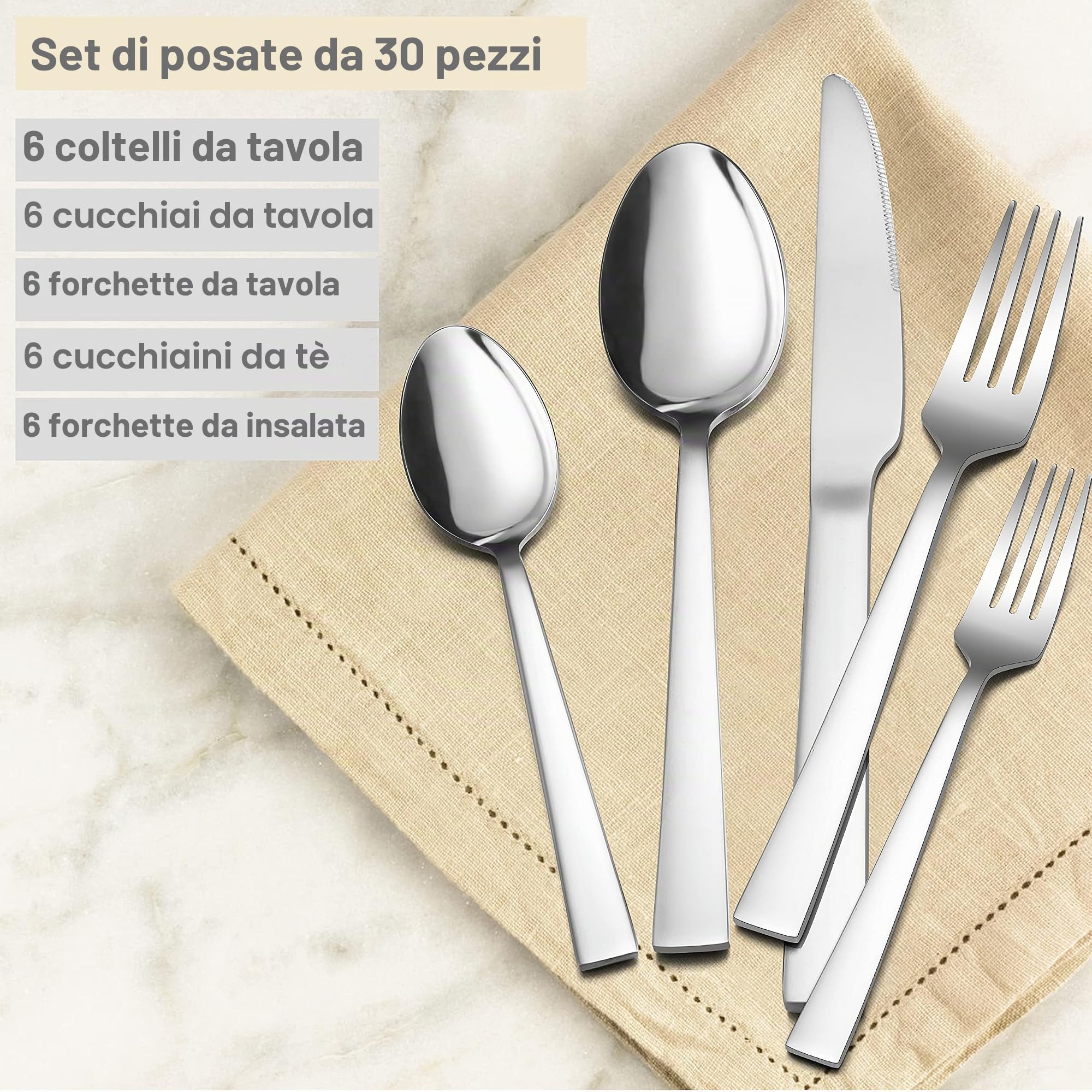 Herogo, set di posate in acciaio inox, 30 pezzi, per 6 persone, set di posate argentate per famiglia, feste, hotel, posate da tavola con coltello, forchetta, cucchiaio lucidato