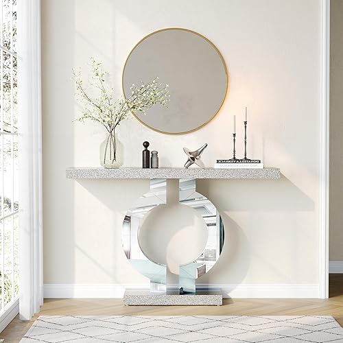 Miniatura 2 de LITTLE TREE Mesa consola con espejo de 43 pulgadas con base en forma de O, mesa de entrada de vidrio para sala de estar, moderna mesa de sofá