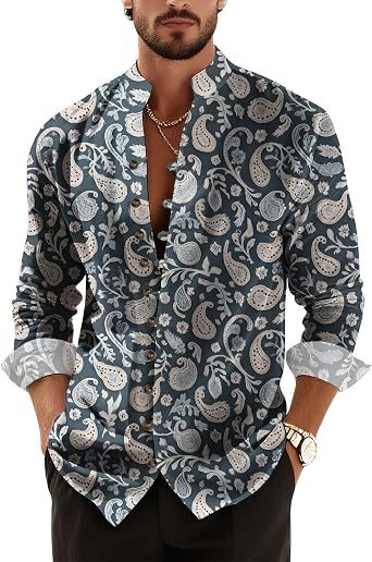 Mens Vintage Floral Shirts Paisley Graphic Tops Long Sleeve Button Down Henley Shirt Fitted Vacation Travel Top
