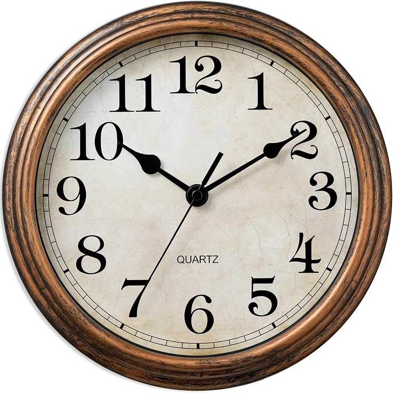 Wall Clock 9 Inch Vintage Decorative Battery Operated Silent Golden | Round clock; clear glass easy read; silent non-ticking; for living room, kitchen, bedroom