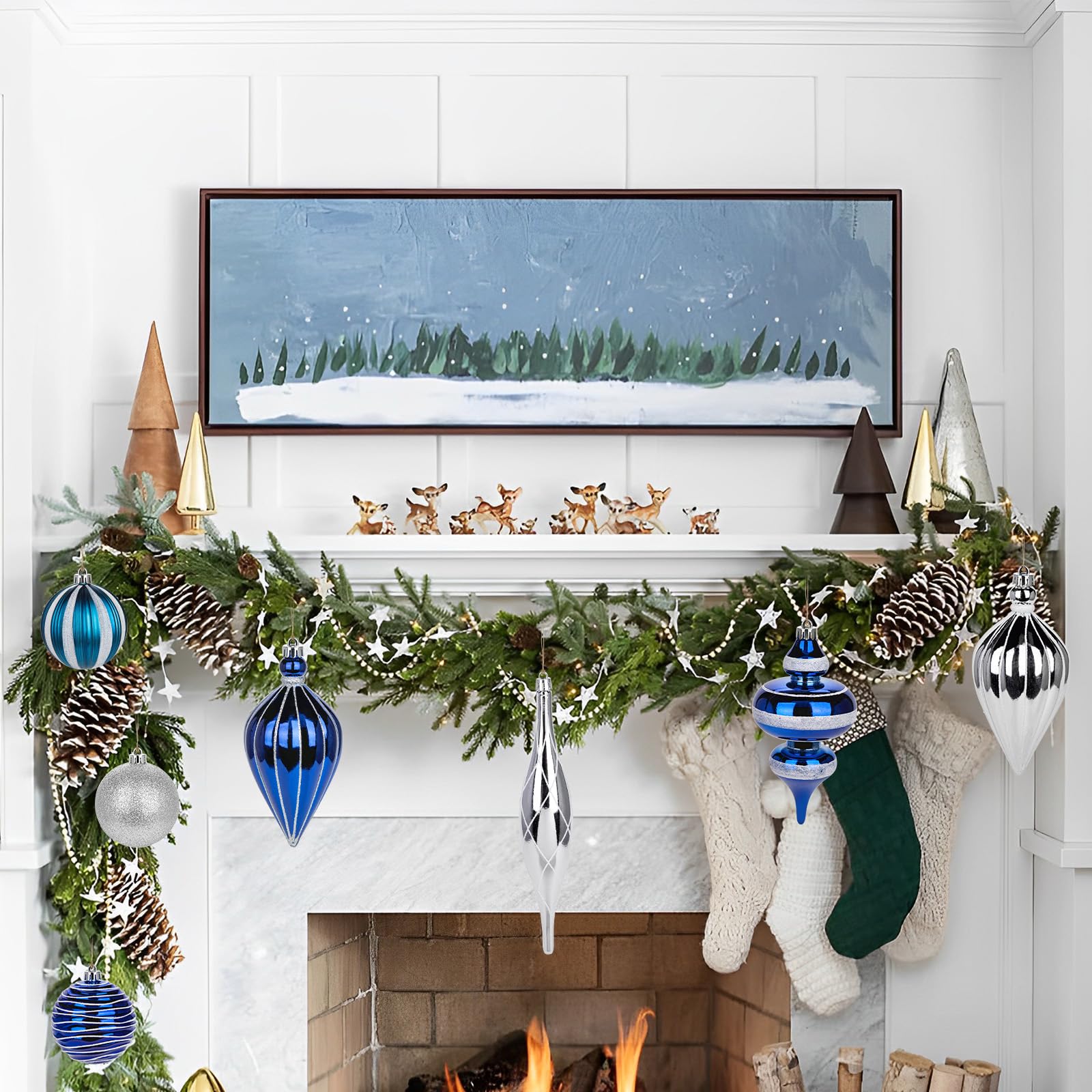 Weihnachtskugel-Ornament-Set, groß, bruchsicher, Kunststoff, dekorative Kugeln mit Hand-Hilfe-Geschenkboxen für Weihnachtsbaum, Hochzeit, Party, Urlaub, Silber, Blau, 32-teilig