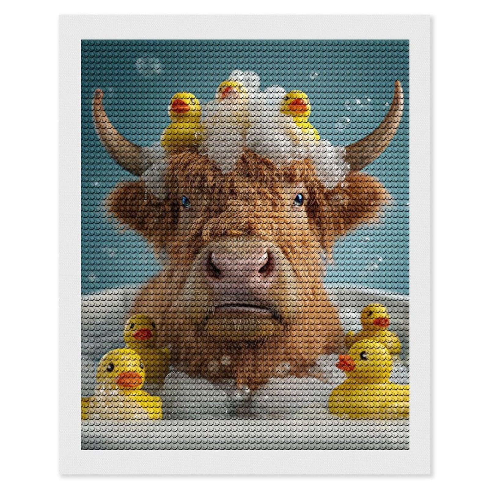Junmoney Highland Cow Bath Time with Ducks Diamond Art Canvas 16"x20", for Family Craft Time, Creative Leisure Activity, Living Room Decor, Festive Craft Gift