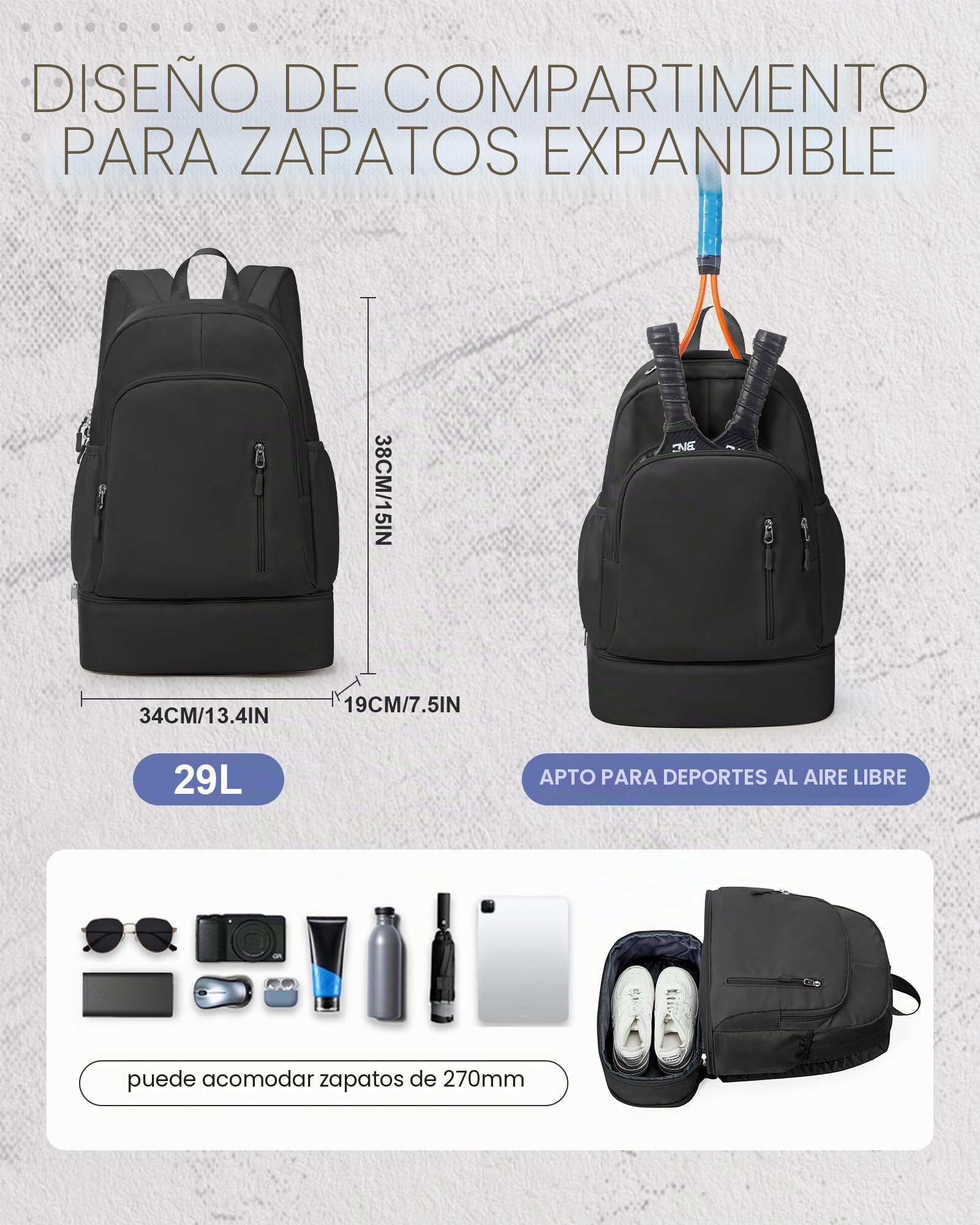 Mochila Deporte con Zapatillero,Mochila Gimnasio Hombre Mujer,Mochilas Natación Yoga Entrenamiento Impermeable Informal Viaje Escolar,Negro