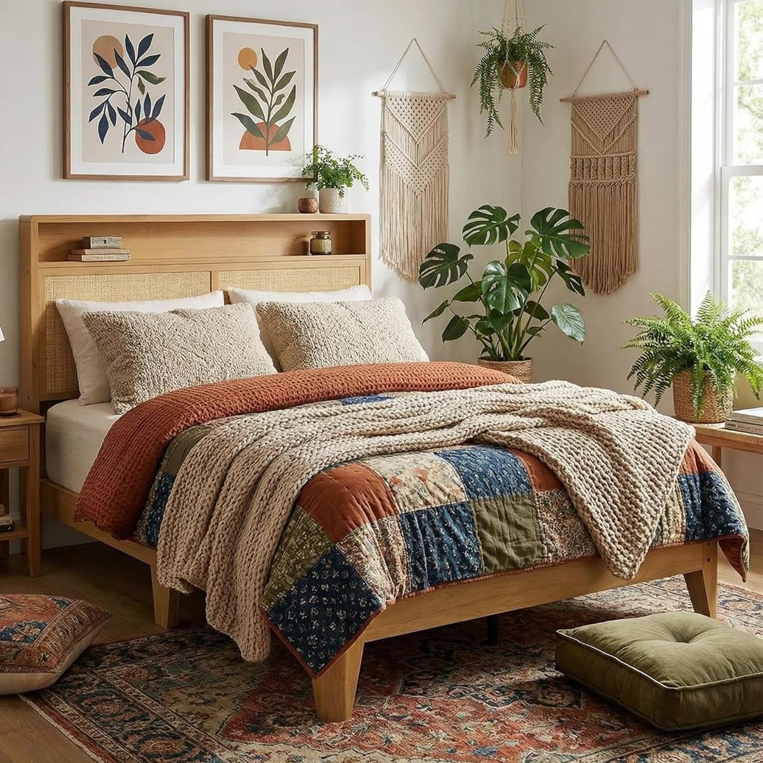 GAOMON Rattan Bed Frame, Full Bed Frame with 2 Tier Storage Headboard, RGB LED Light & Charging Station, Sturdy Wooden Slats Support, Under Bed Storage, No Box Spring Needed