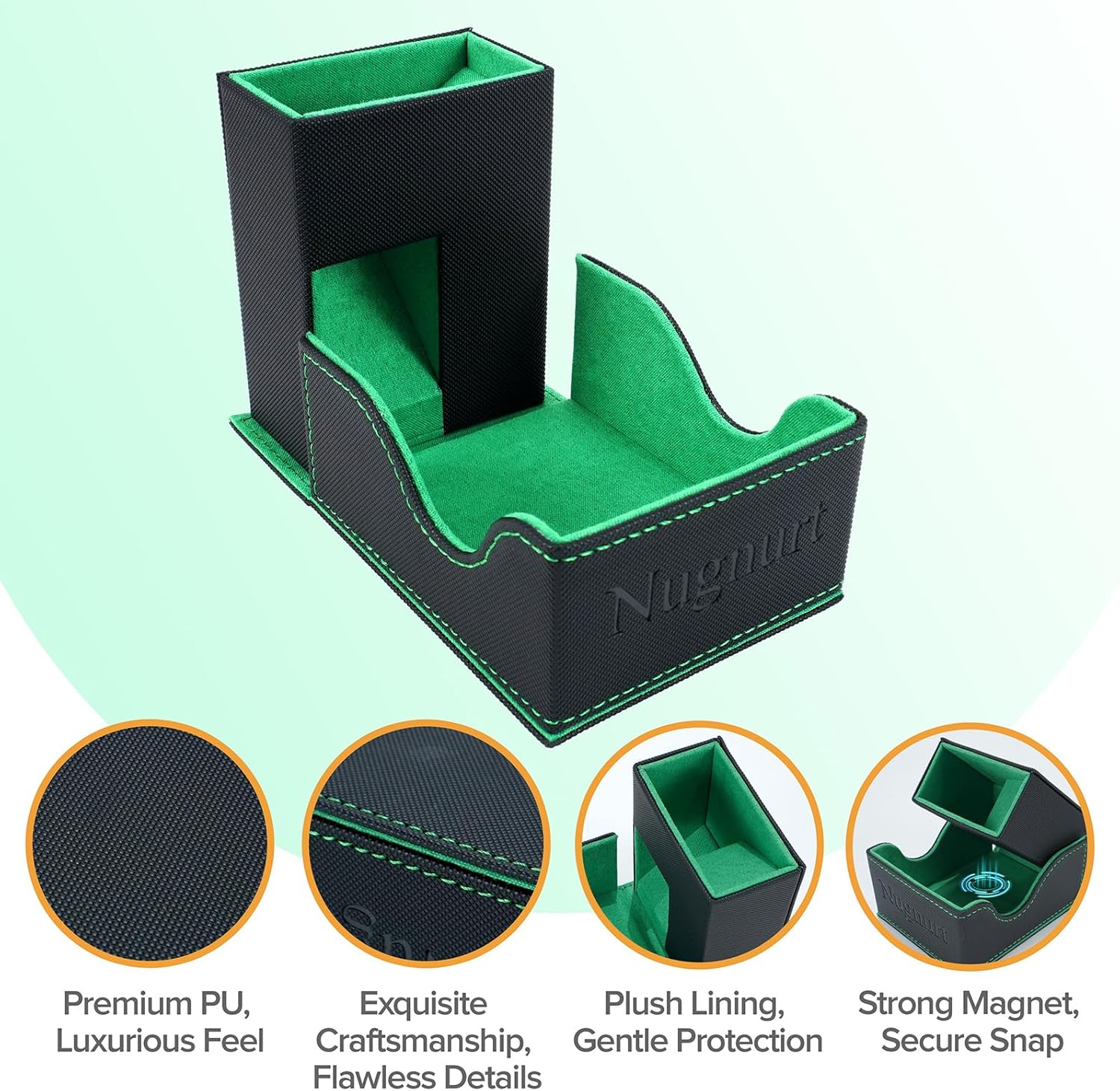 Dice Tower & DND Dice Tray, Foldable Portable Dice Rolling Tower with Tray and Storage, DND Dice Accessory for Dungeons and Dragons, PU Leather Dice Box with 7 Dice, Black/Green