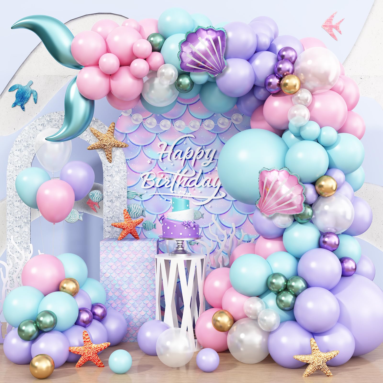 Mermaid Balloon Garland Arch Kit, Pastel Pink Purple Teal Blue Clear Latex Balloons with Mermaid Tail Seashell Foil balloons, for Girls mermaid Party Decorations Ocean Theme Birthday Party Supplies