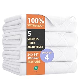 Ultimate Washable Underpads - Heavy Absorbency, Waterproof Reusable Incontinence Pads for Adults, Kids, Elderly & Pets - Bedwetting Pads for Bed, Couch, Sofa, Floor (White, 34 x 36 Inches, Pack of 4)
