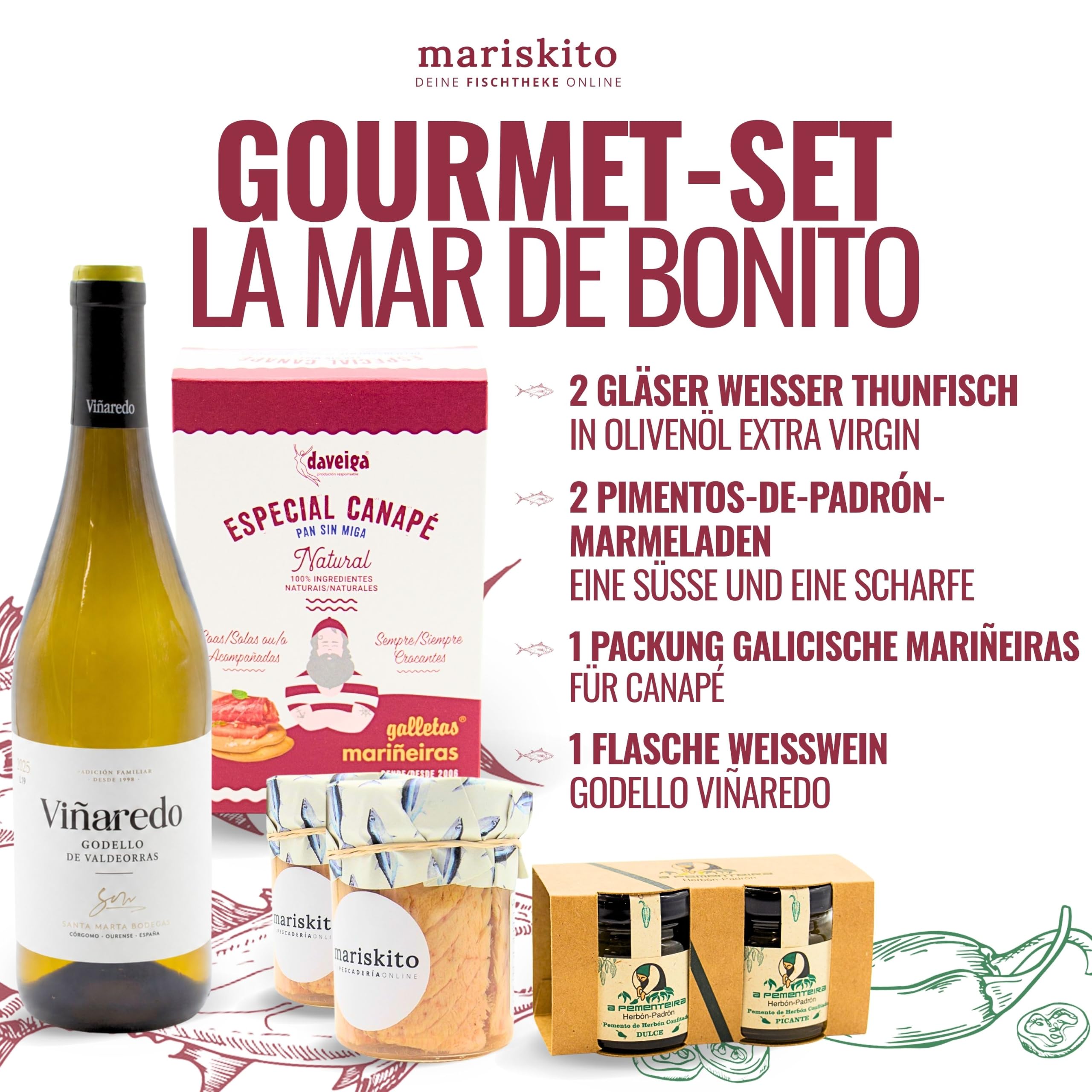 MARISKITO | Geschenkbox mit galizischen Gourmetprodukten – Paket mit Weißem Thun, süß-scharfer Paprikamarmelade und einer Flasche Wein – Weihnachtspräsente, Jubiläen, Feiern – La Mar de Bonito