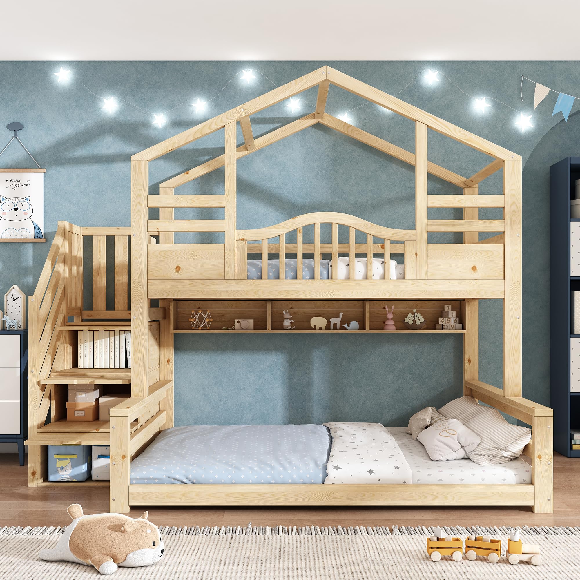 Lit Superposé Enfant avec escalier de rangement et étagères, Lit Enfant multifonctionnel avec 90x200 partie supérieure et 140x200 partie inférieure, en bois naturel Beige Clair Naturel (Sans Matelas)