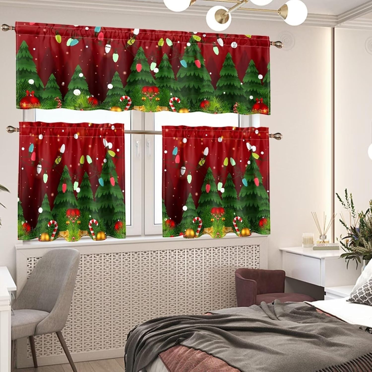 Christmas Tree Blackout Curtains Kitchen Window Curtains Valance and Tier Set 3 Piece Window Treatment Tiers for Living Room Bedroom Kitchen Decor Drapes